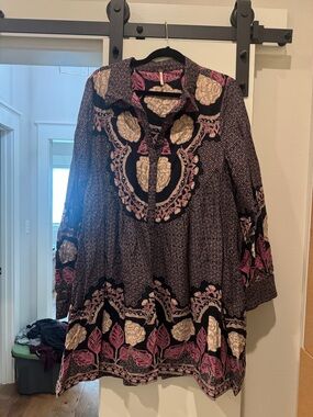 Free People Long Sleeve Floral Border Tunic Dress in Black, Pink, Cream
